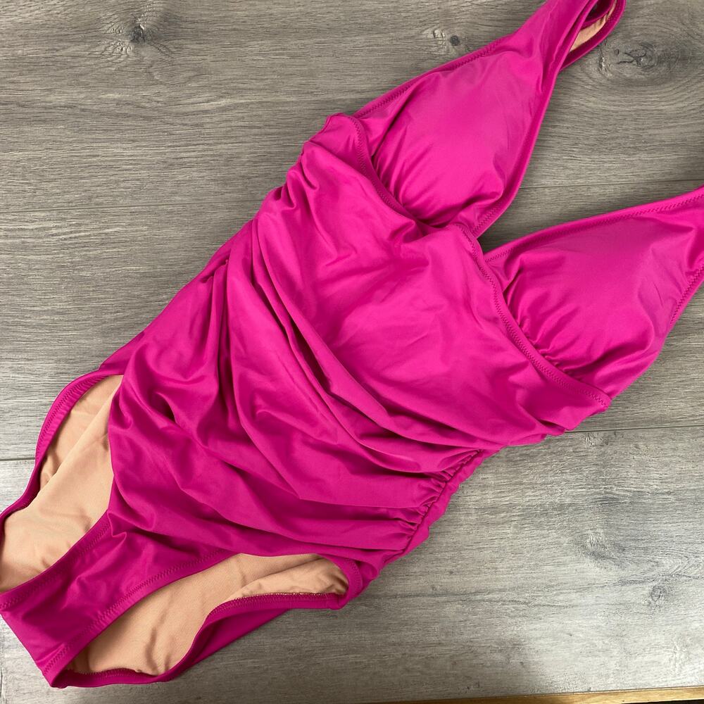 J.Crew Magenta Orchid Ruched V Neck One Piece Swimsuit Sz.8 NWT - Picture 4 of 11